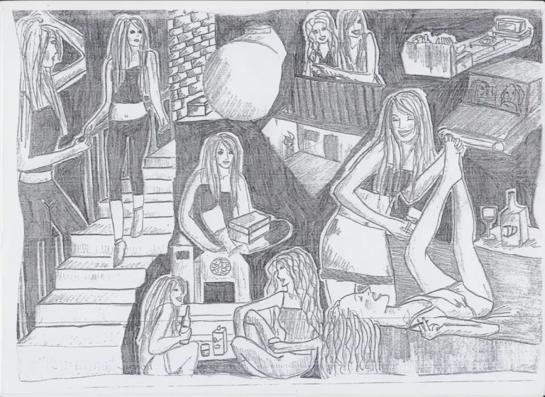 Disegno a matita con scene della vita quotidiana di una giovane donna