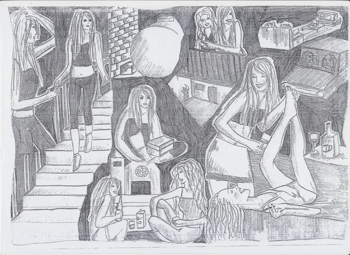 Disegno a matita con scene della vita quotidiana di una giovane donna