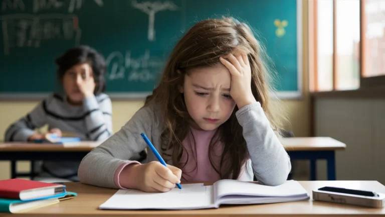 Bambina in difficoltà durante un compito in classe