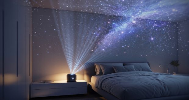 Proiettori di stelle in una camera da letto con proiezione galaxy sul soffitto