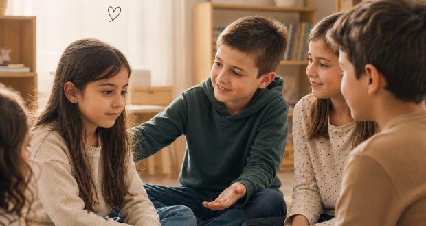 Bambini seduti in cerchio in classe mentre parlano insieme durante il Klassens tid