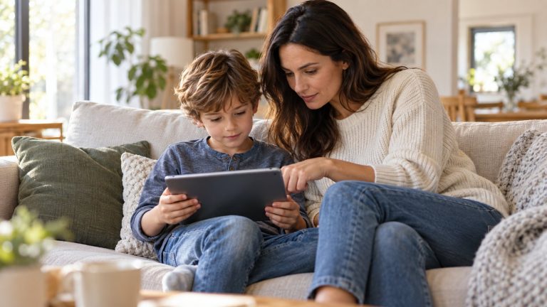 Mamma e bambino seduti sul divano guardano insieme lo schermo di un tablet