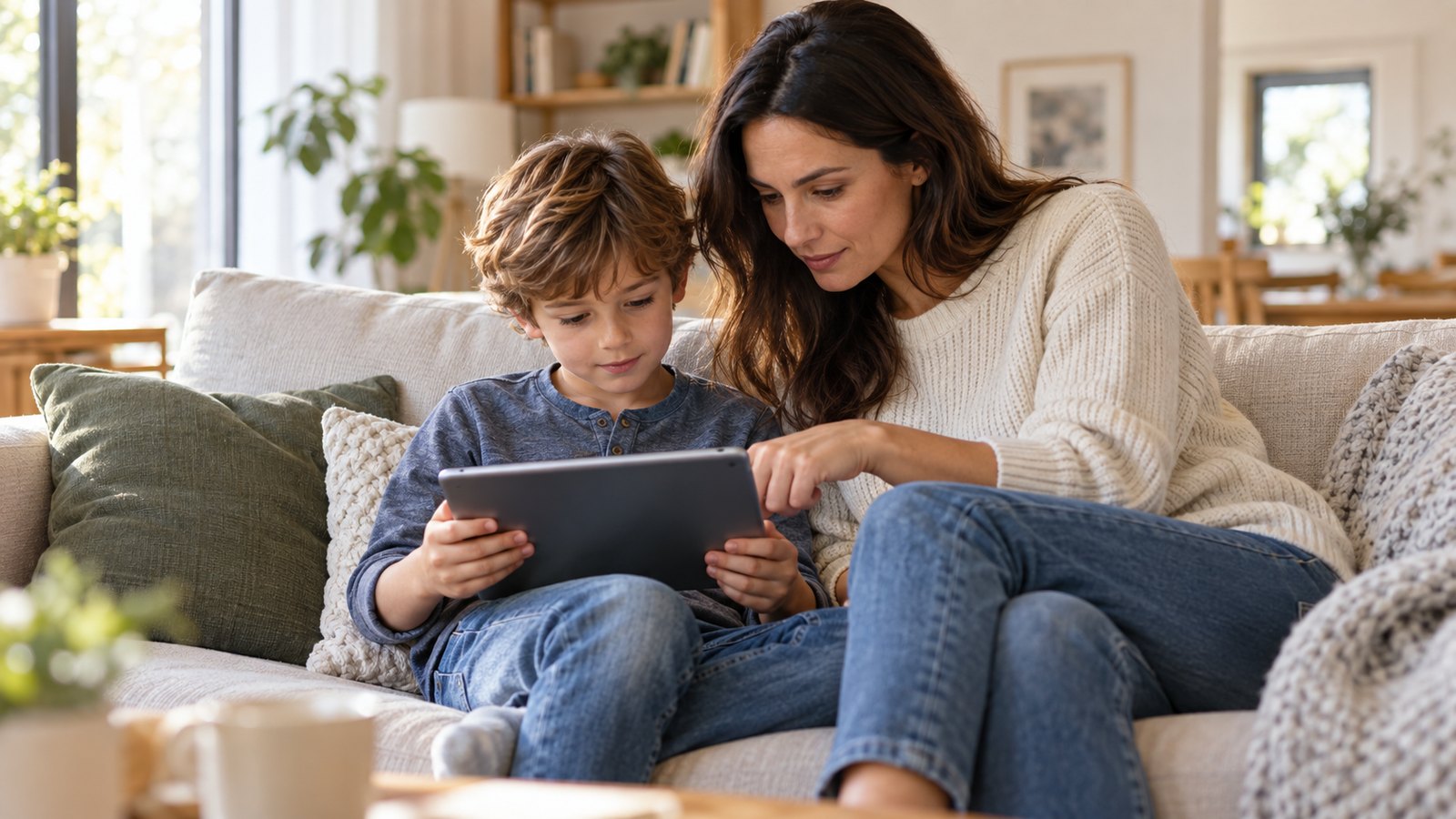 Mamma e bambino seduti sul divano guardano insieme lo schermo di un tablet