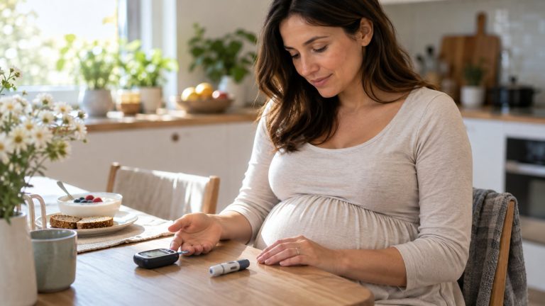 Donna incinta misura la glicemia con il glucometro durante la colazione