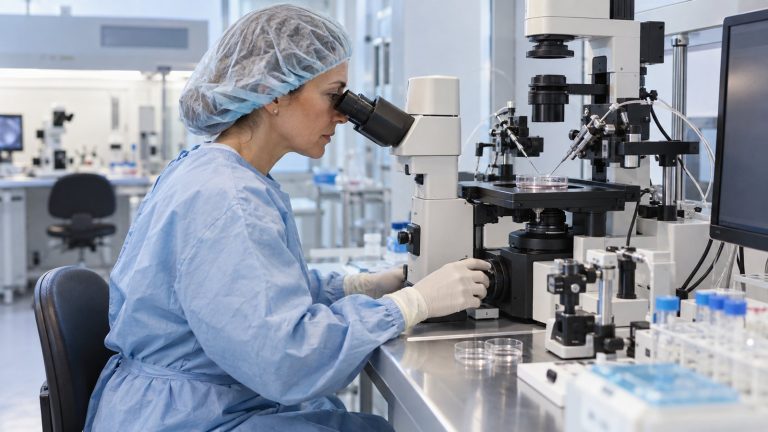 Embriologa al microscopio in un laboratorio di fecondazione in vitro