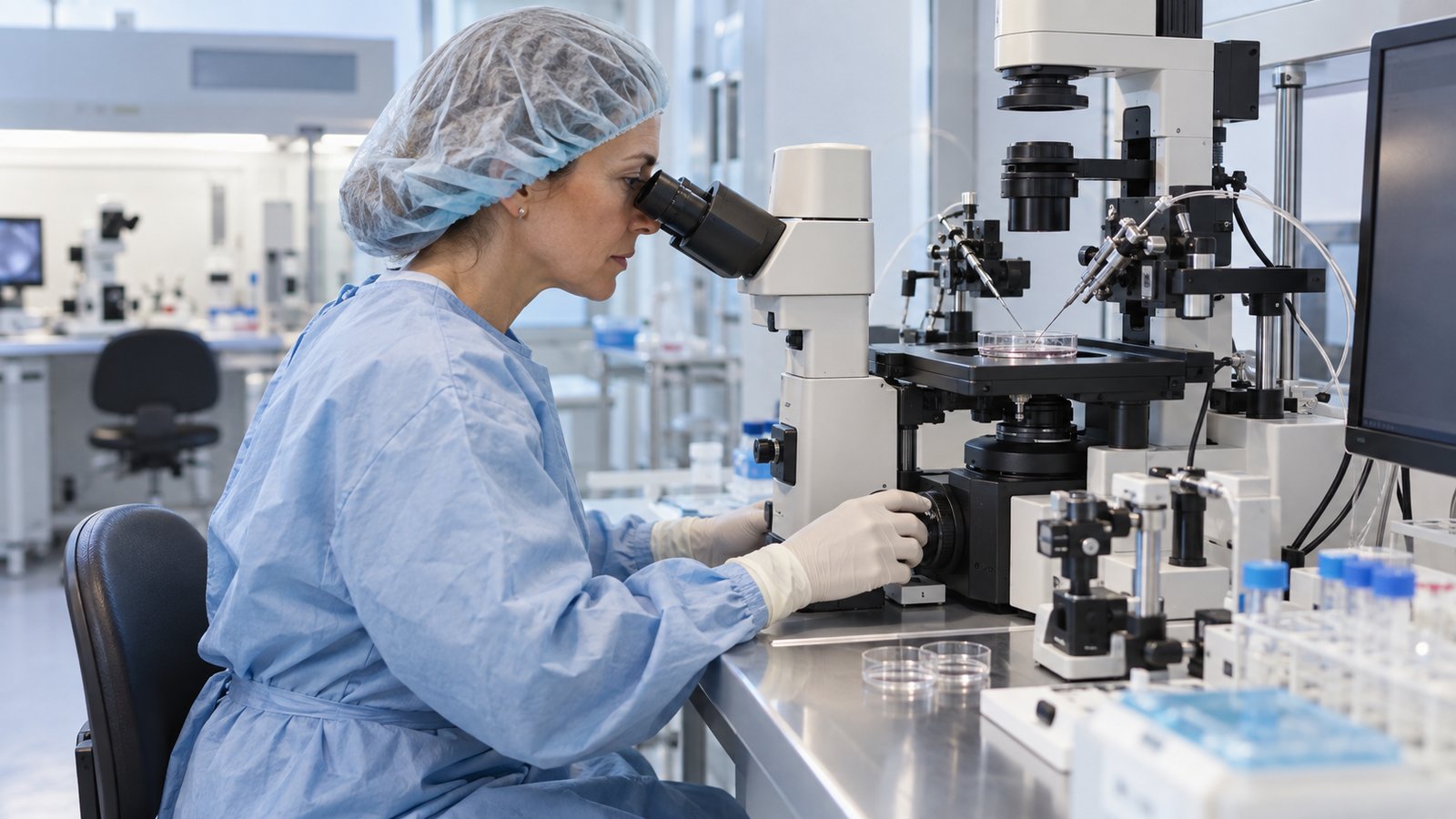 Embriologa al microscopio in un laboratorio di fecondazione in vitro
