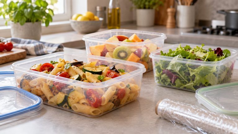 Contenitori di plastica con alimenti conservati sul piano della cucina