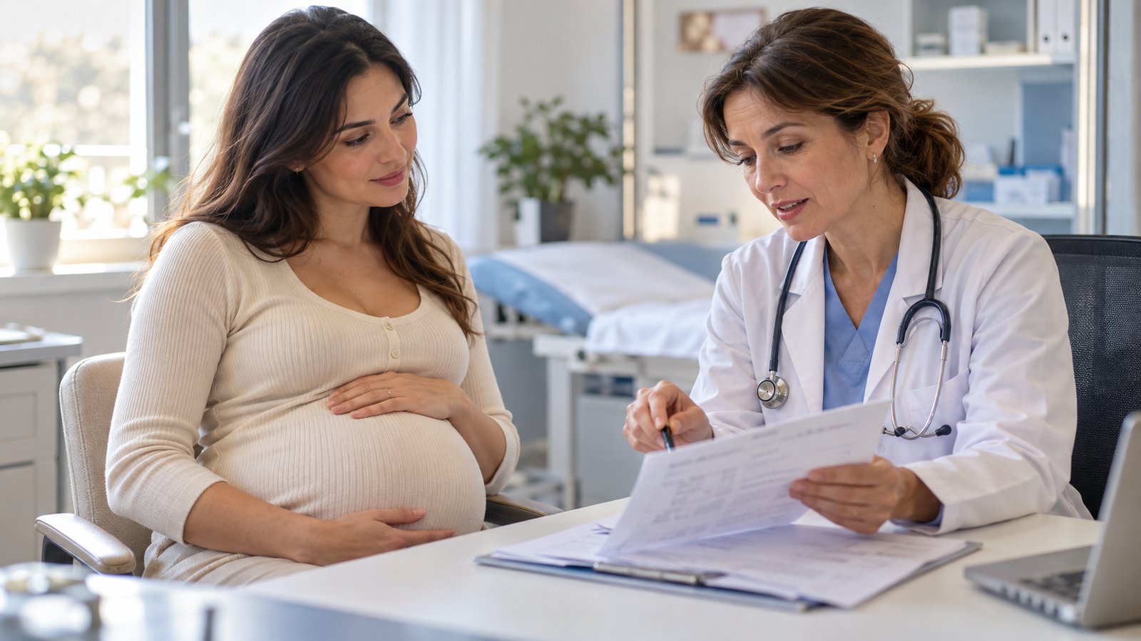 Donna incinta in ambulatorio mentre la ginecologa le spiega i risultati degli esami