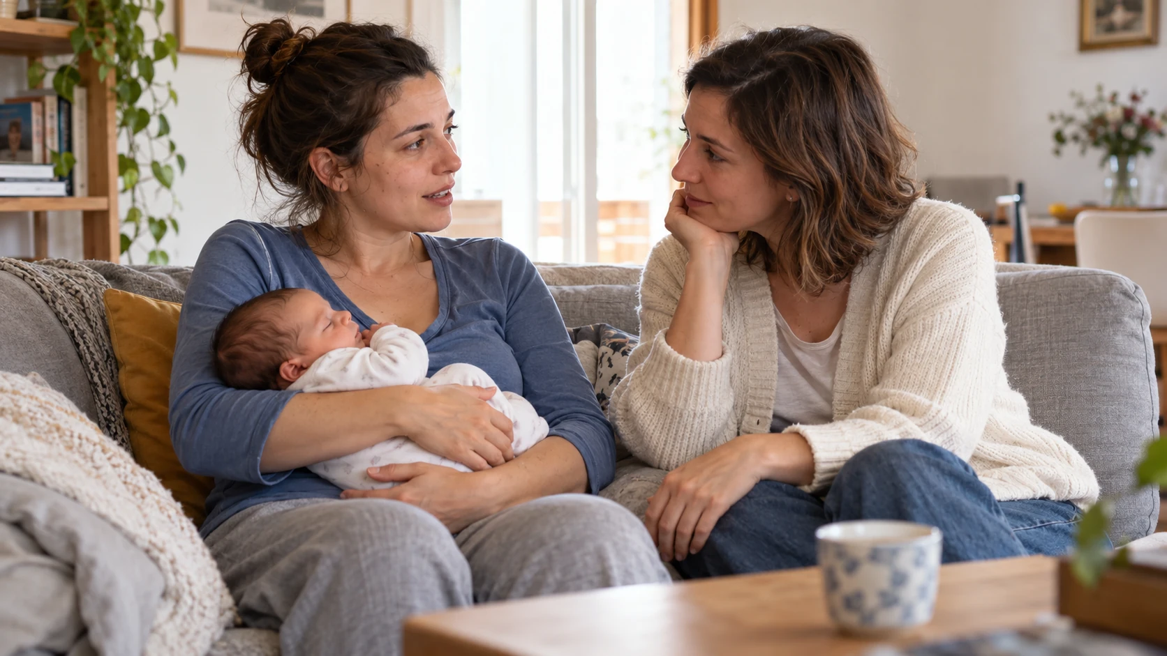 Una neomamma con il neonato in braccio parla con un’amica che la ascolta sul divano