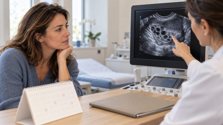 Ginecologa mostra a una donna l’ecografia delle ovaie durante una visita per la fertilità